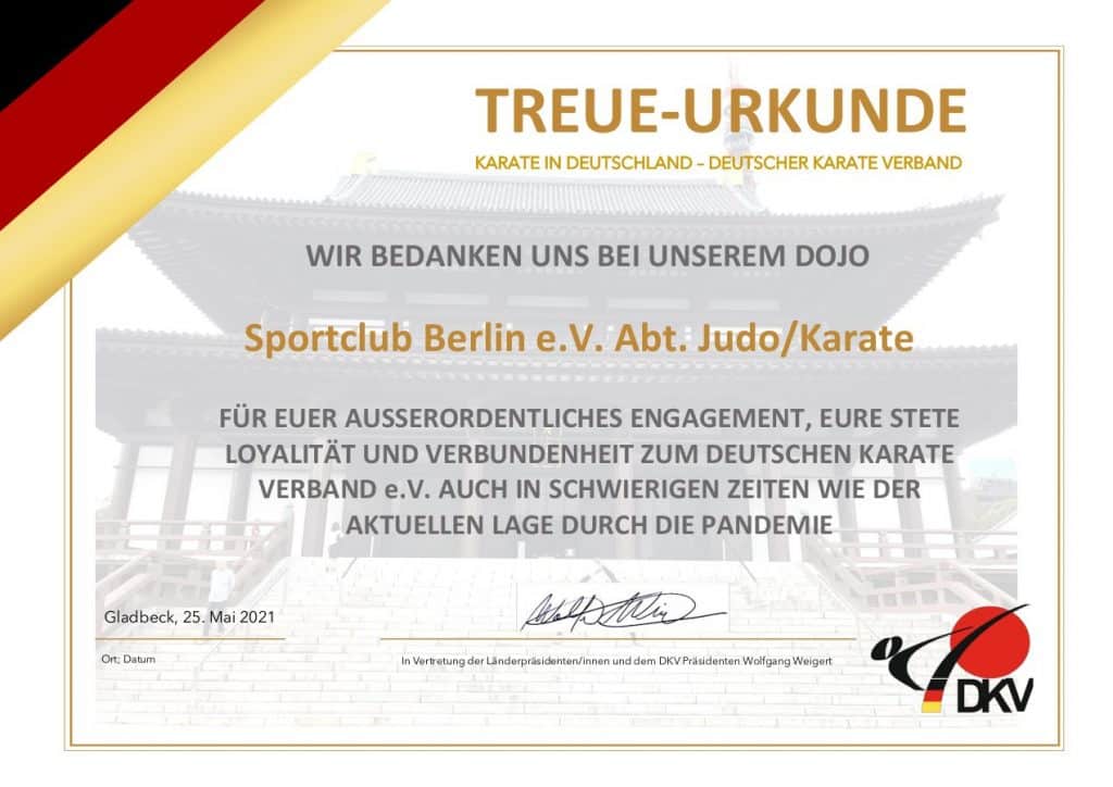 25.06.2021 - Treue-Urkunde des DKV für das Engagement während der Corona-Pandemie (Fotograf: Deutsche Karate Verband e. V. (DKV))